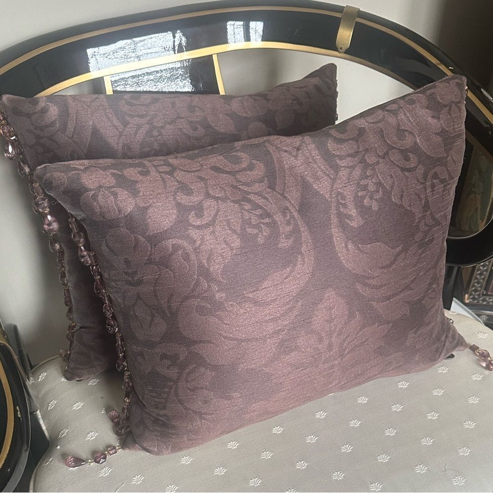 Pier 1 Chocolate Damask Throw Pillows with Beaded Fringe 19”x 14”
